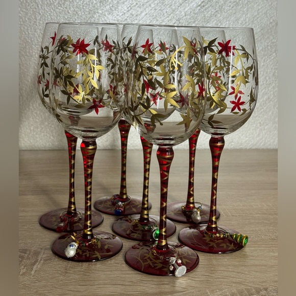 Pier 1 Hand Painted Floral Designs Gold Leaf Glass Water Goblet Set of 7 Glasses - Picture 11 of 11